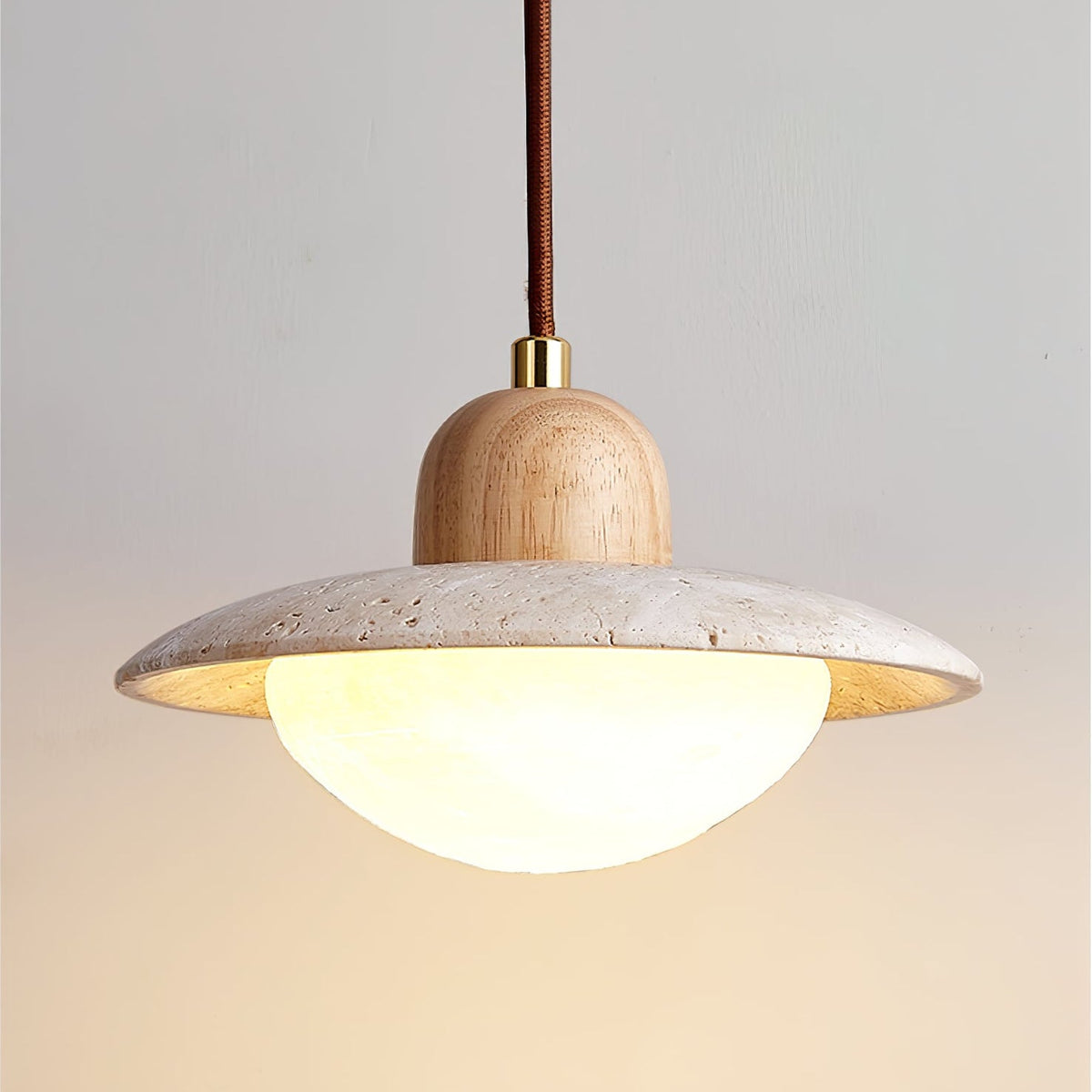 Duet Pendant Light in Travertine and Wood | Modern Minimalist Hanging Lamp for Dining and Living Spaces
