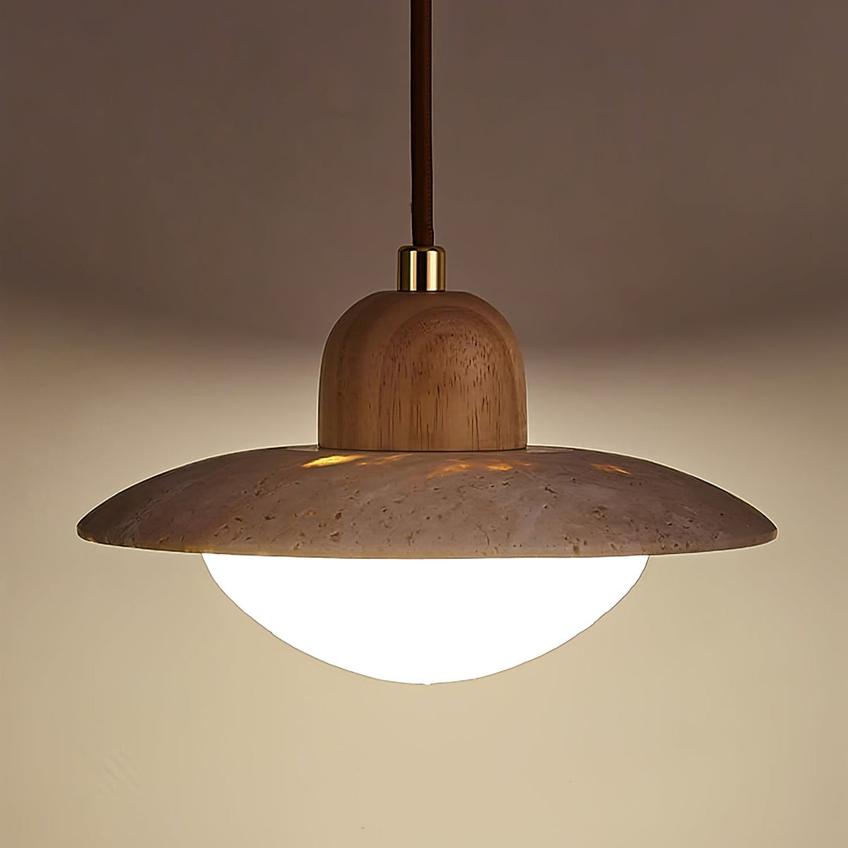 Duet Pendant Light in Travertine and Wood | Modern Minimalist Hanging Lamp for Dining and Living Spaces