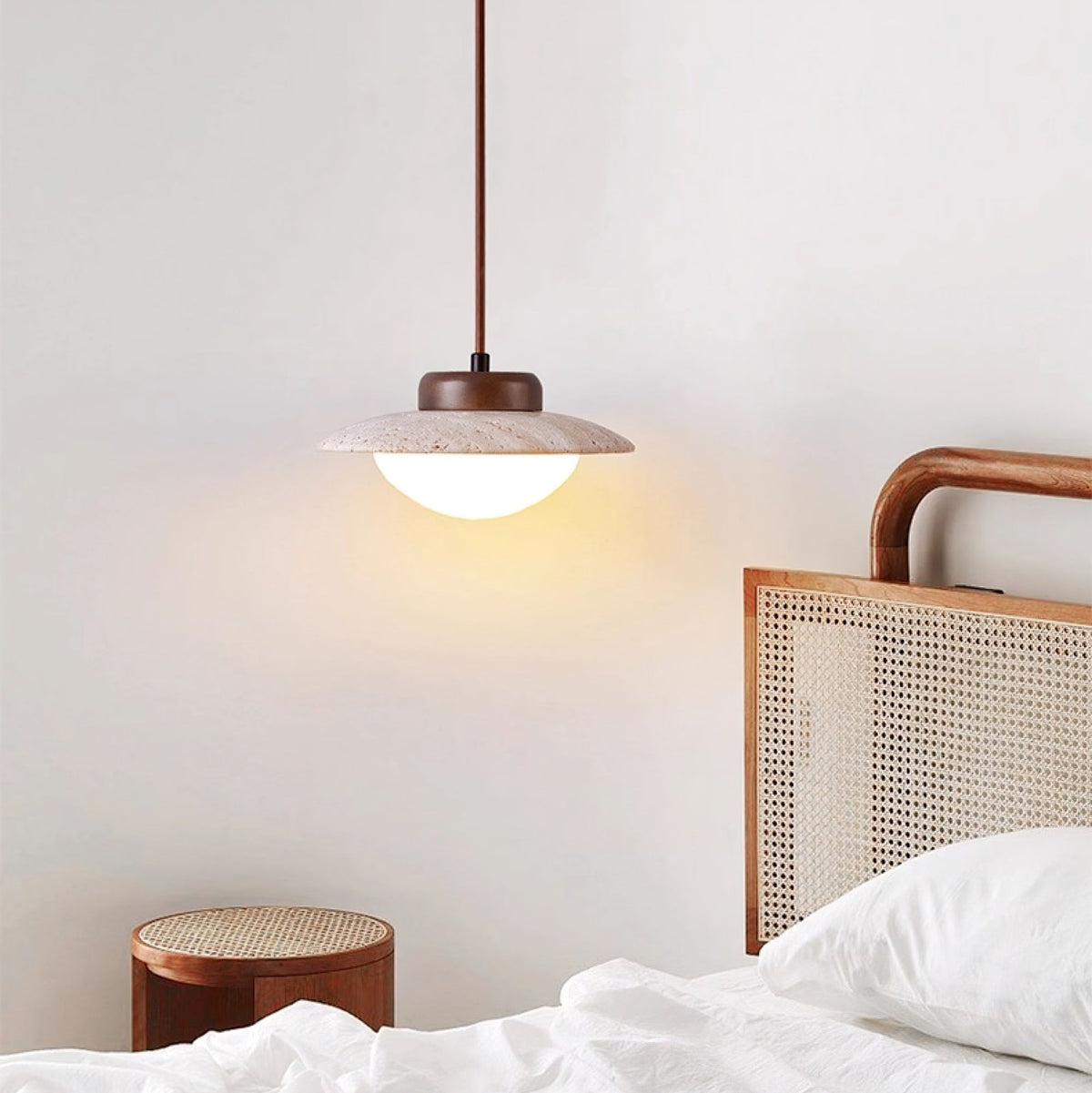 Duet Pendant Light in Travertine and Wood | Modern Minimalist Hanging Lamp for Dining and Living Spaces