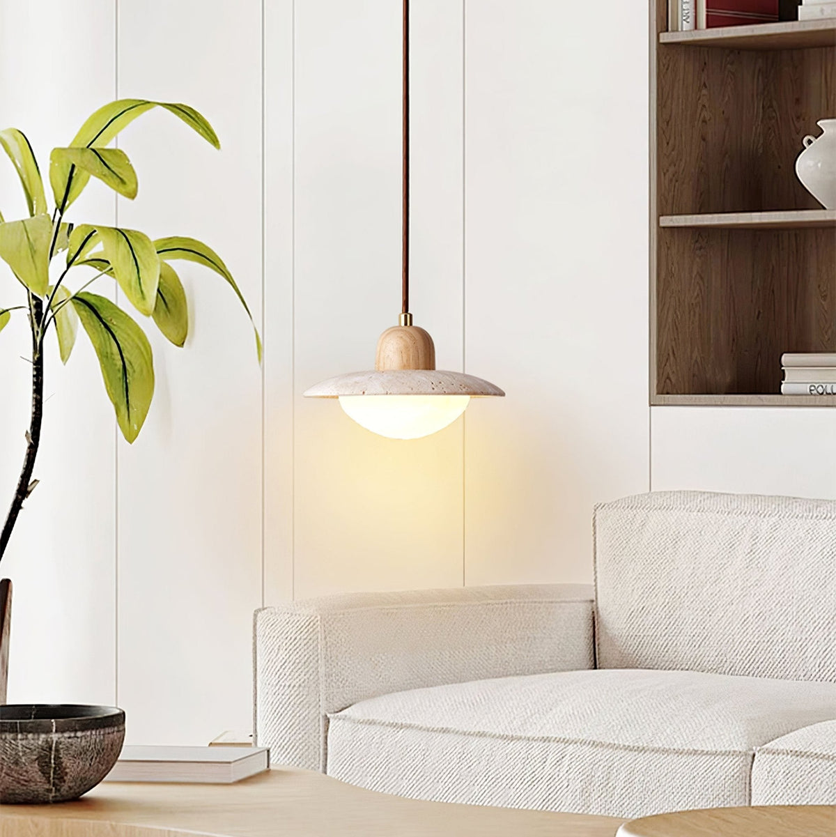 Duet Pendant Light in Travertine and Wood | Modern Minimalist Hanging Lamp for Dining and Living Spaces