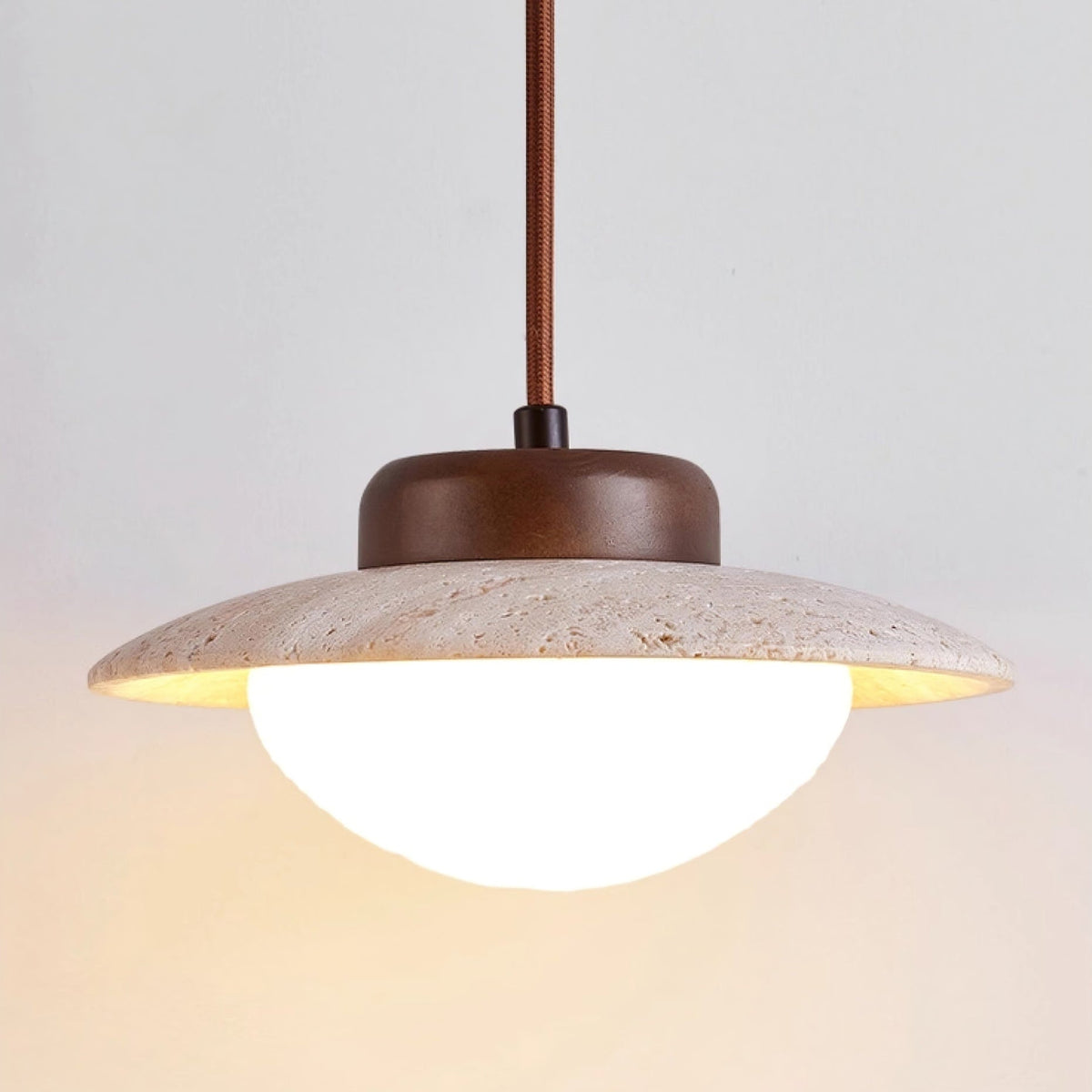 Duet Pendant Light in Travertine and Wood | Modern Minimalist Hanging Lamp for Dining and Living Spaces