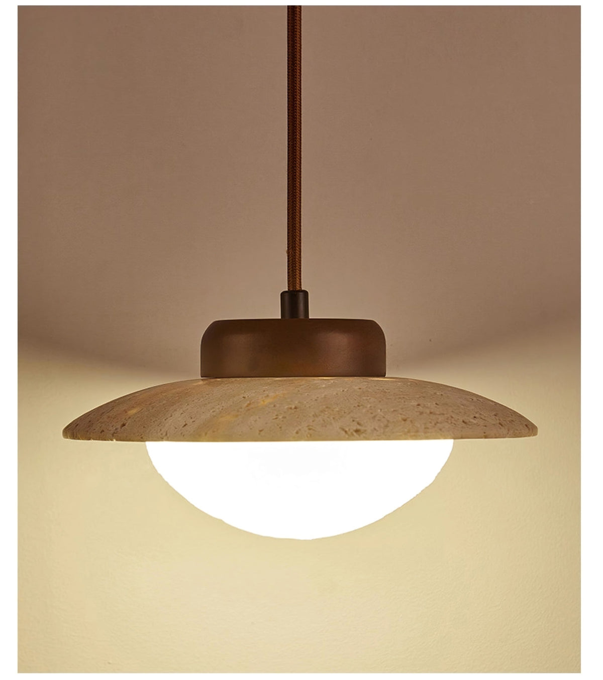 Duet Pendant Light in Travertine and Wood | Modern Minimalist Hanging Lamp for Dining and Living Spaces