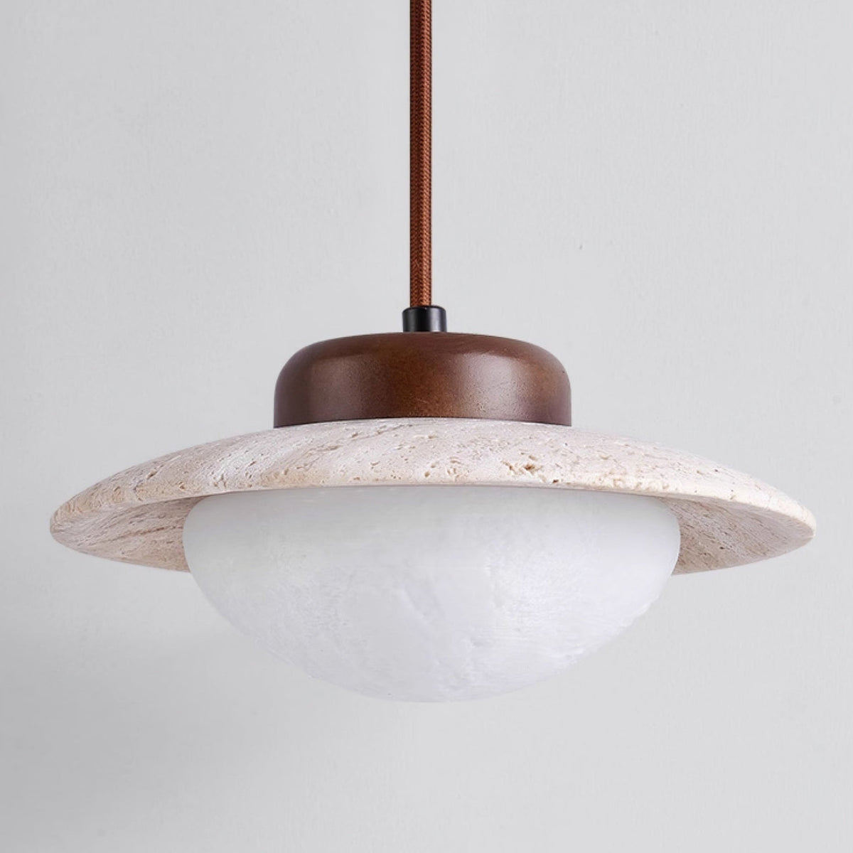 Duet Pendant Light in Travertine and Wood | Modern Minimalist Hanging Lamp for Dining and Living Spaces