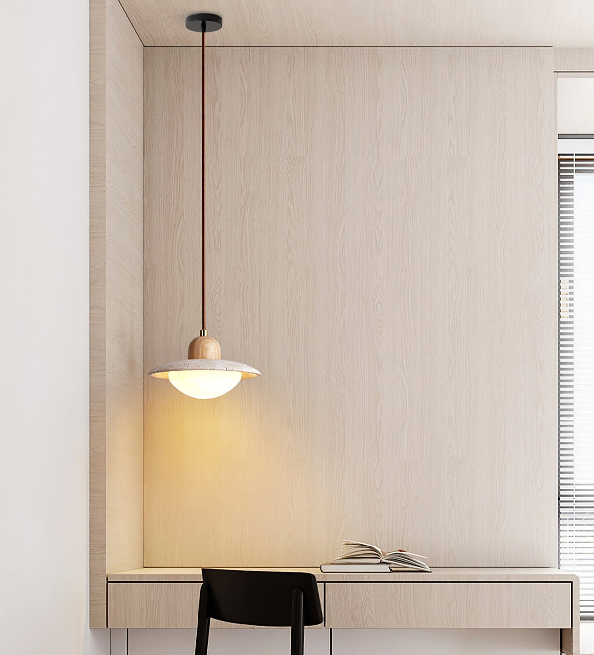 Duet Pendant Light in Travertine and Wood | Modern Minimalist Hanging Lamp for Dining and Living Spaces