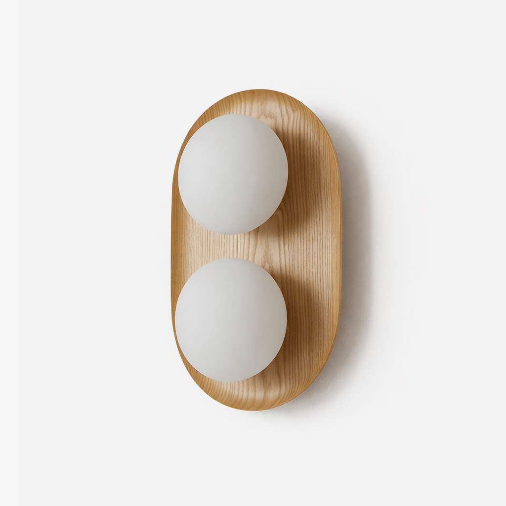 Duo Orb Wood Wall Sconce – Modern Scandinavian Bedroom Wall Light with Opal Glass Globes