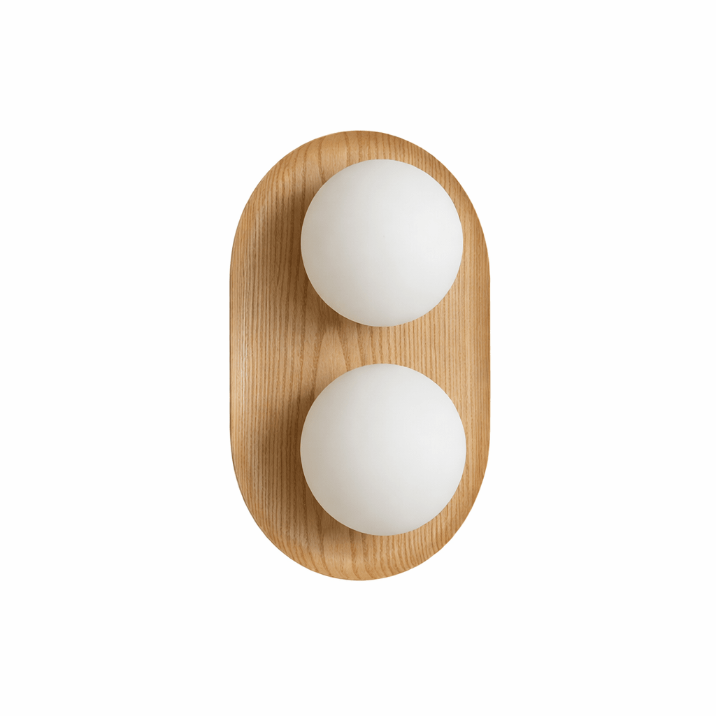 Duo Orb Wood Wall Sconce – Modern Scandinavian Bedroom Wall Light with Opal Glass Globes