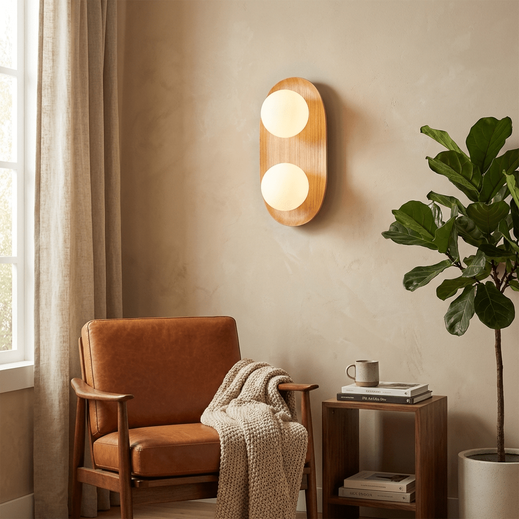 Duo Orb Wood Wall Sconce – Modern Scandinavian Bedroom Wall Light with Opal Glass Globes