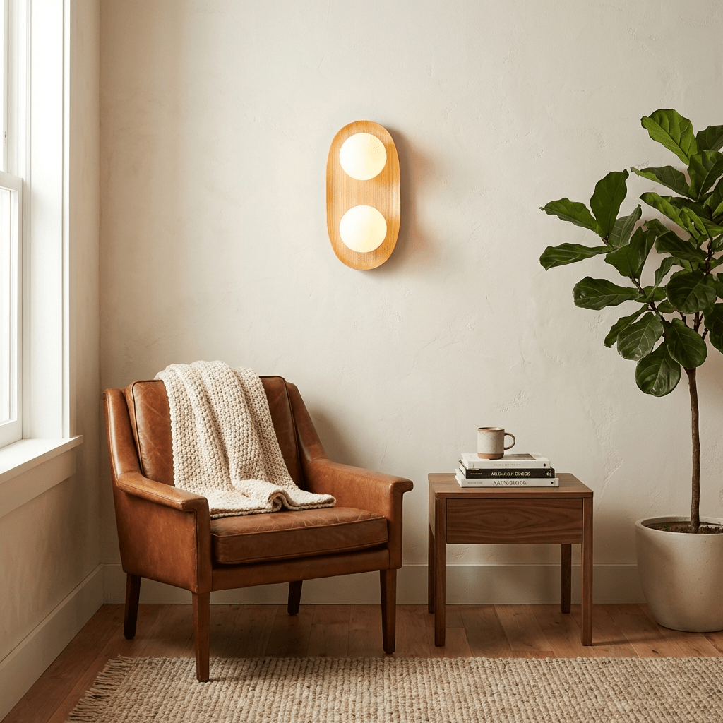 Duo Orb Wood Wall Sconce – Modern Scandinavian Bedroom Wall Light with Opal Glass Globes