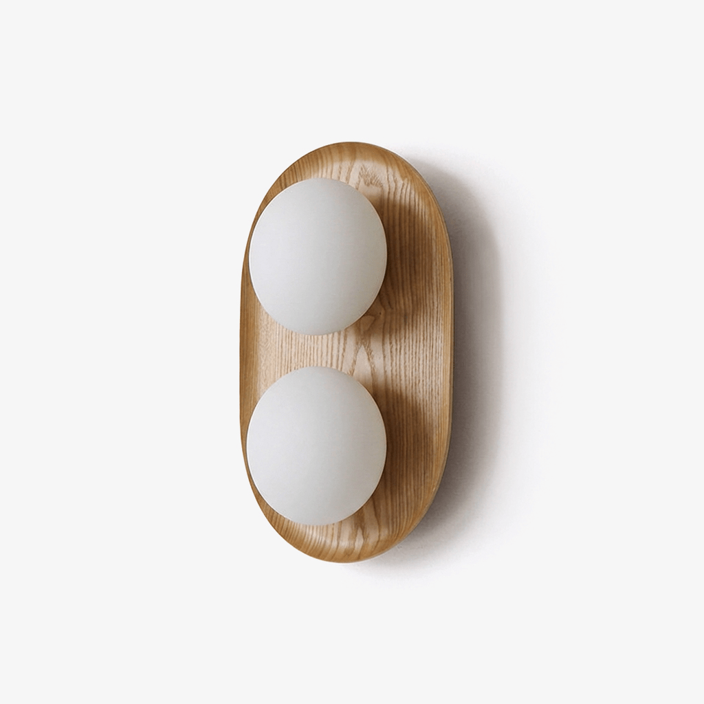 Duo Orb Wood Wall Sconce – Modern Scandinavian Bedroom Wall Light with Opal Glass Globes