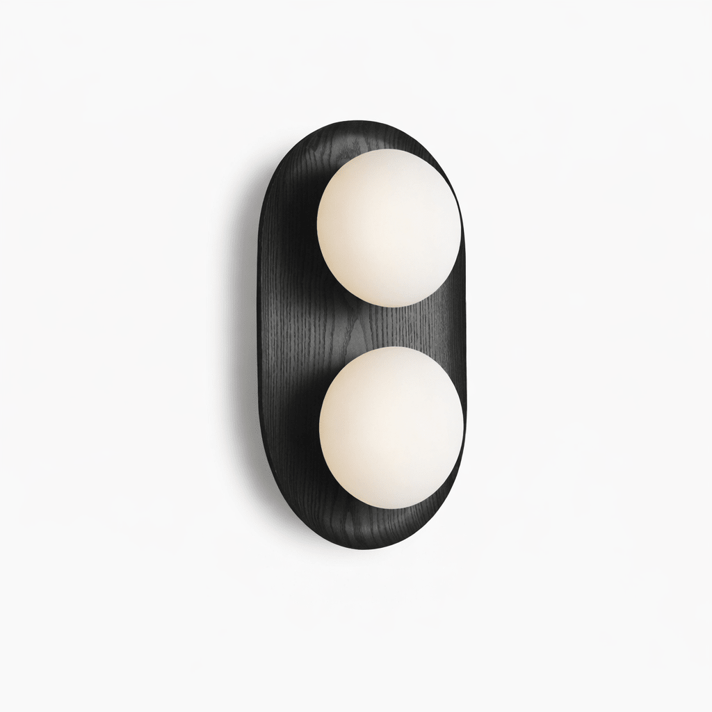 Duo Orb Wood Wall Sconce – Modern Scandinavian Bedroom Wall Light with Opal Glass Globes