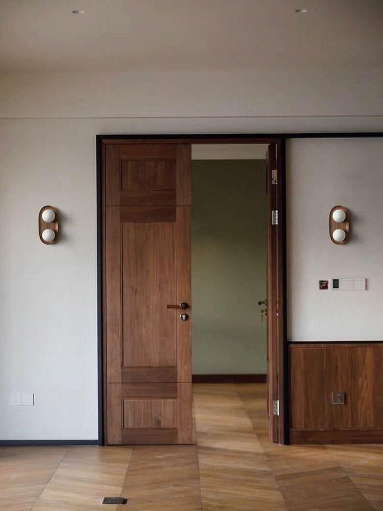 Duo Orb Wood Wall Sconce – Modern Scandinavian Bedroom Wall Light with Opal Glass Globes