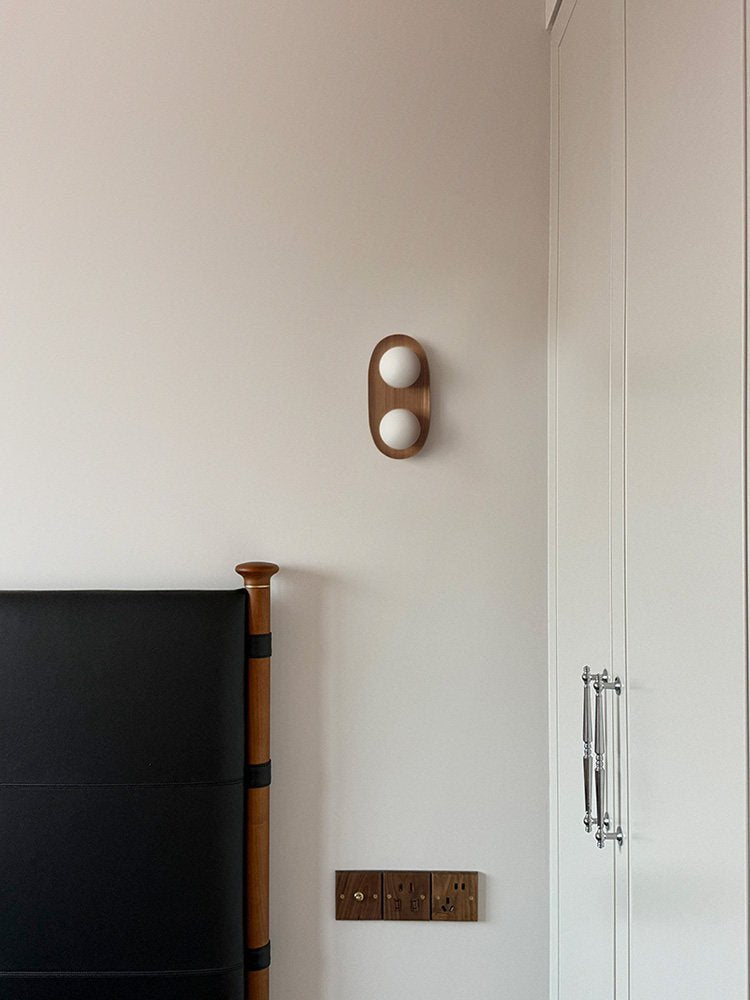 Duo Orb Wood Wall Sconce – Modern Scandinavian Bedroom Wall Light with Opal Glass Globes