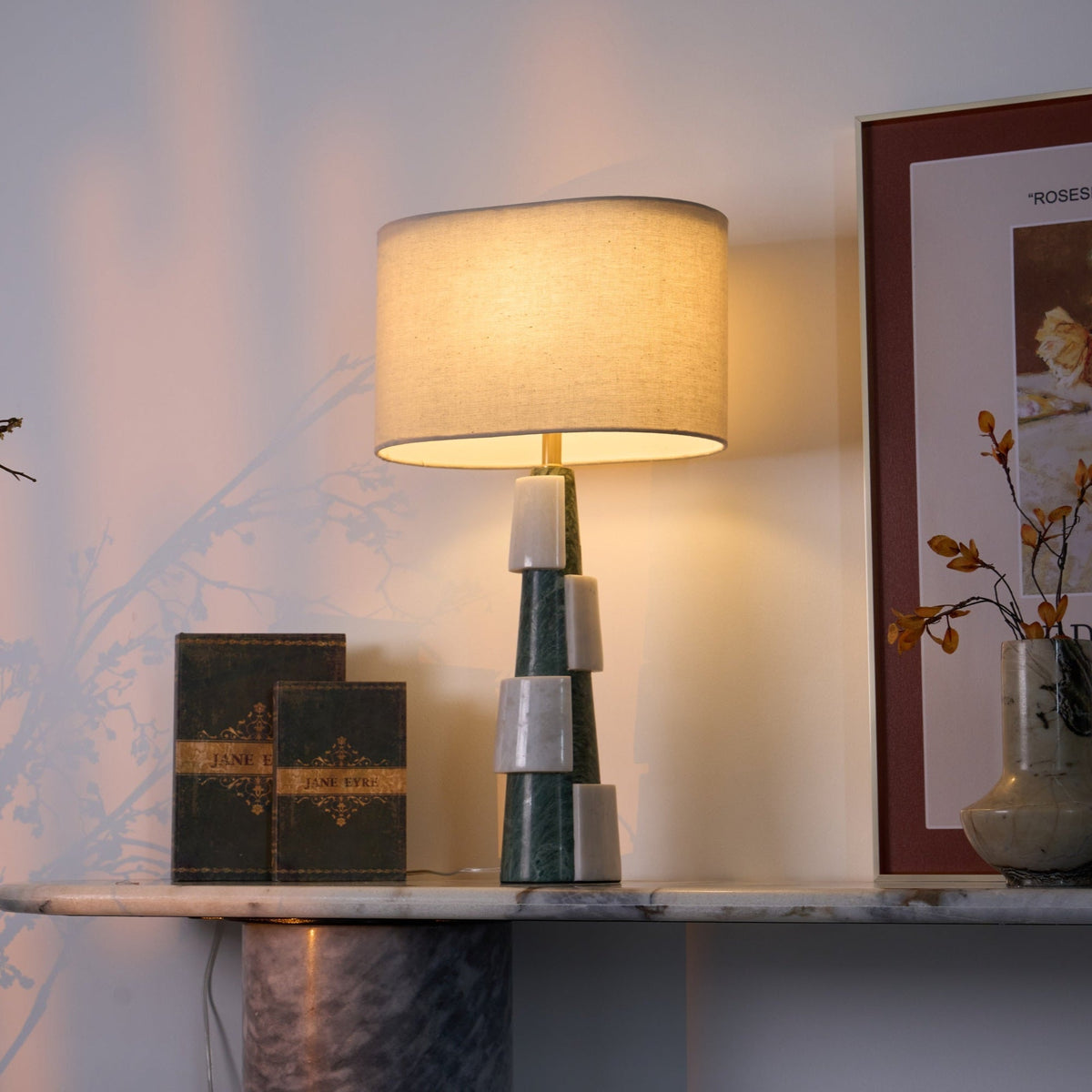 Duomo Marble Table Lamp – Sculptural Stone Base with Fabric Shade