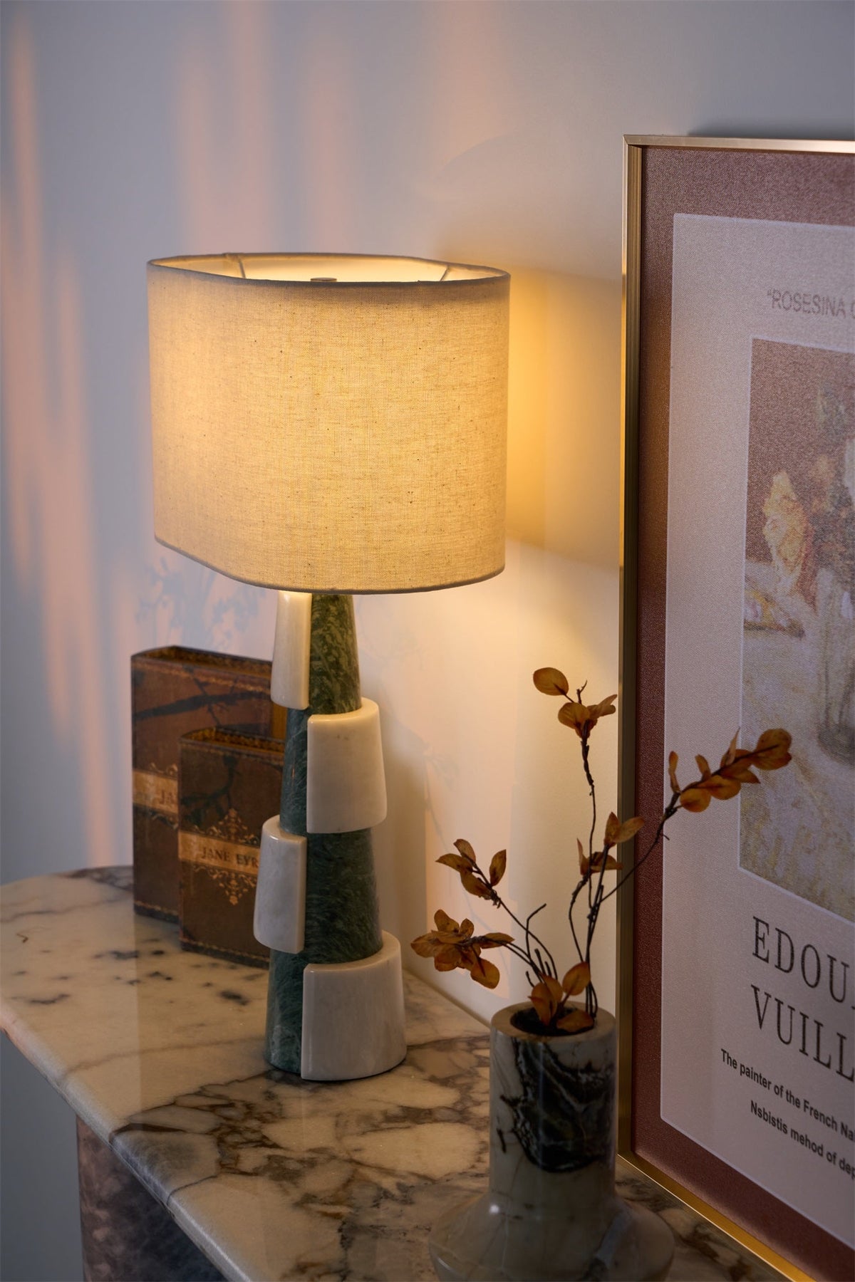 Duomo Marble Table Lamp – Sculptural Stone Base with Fabric Shade