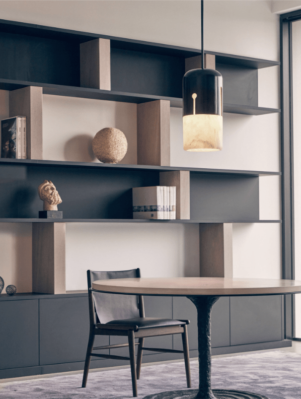 Duotone Alabaster Pendant Light with Iron Accent – Modern Designer Hanging Lamp