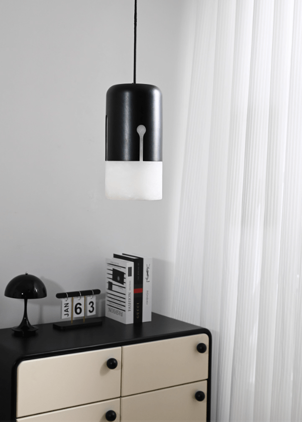 Duotone Alabaster Pendant Light with Iron Accent – Modern Designer Hanging Lamp