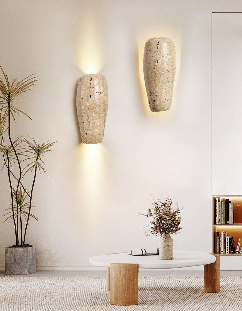 Earthy Stone Wall Sconce in Yellow Travertine – Modern Organic Lighting