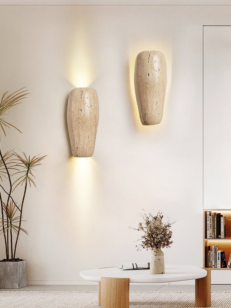 Earthy Stone Wall Sconce in Yellow Travertine – Modern Organic Lighting