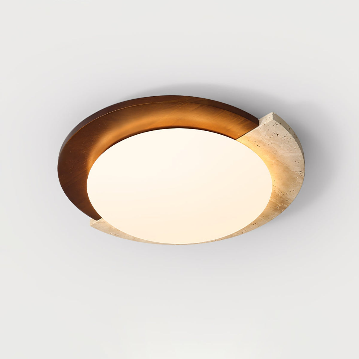 Eclipse Halo Ceiling Lamp in Travertine and Wood – Modern Flush Mount LED Light