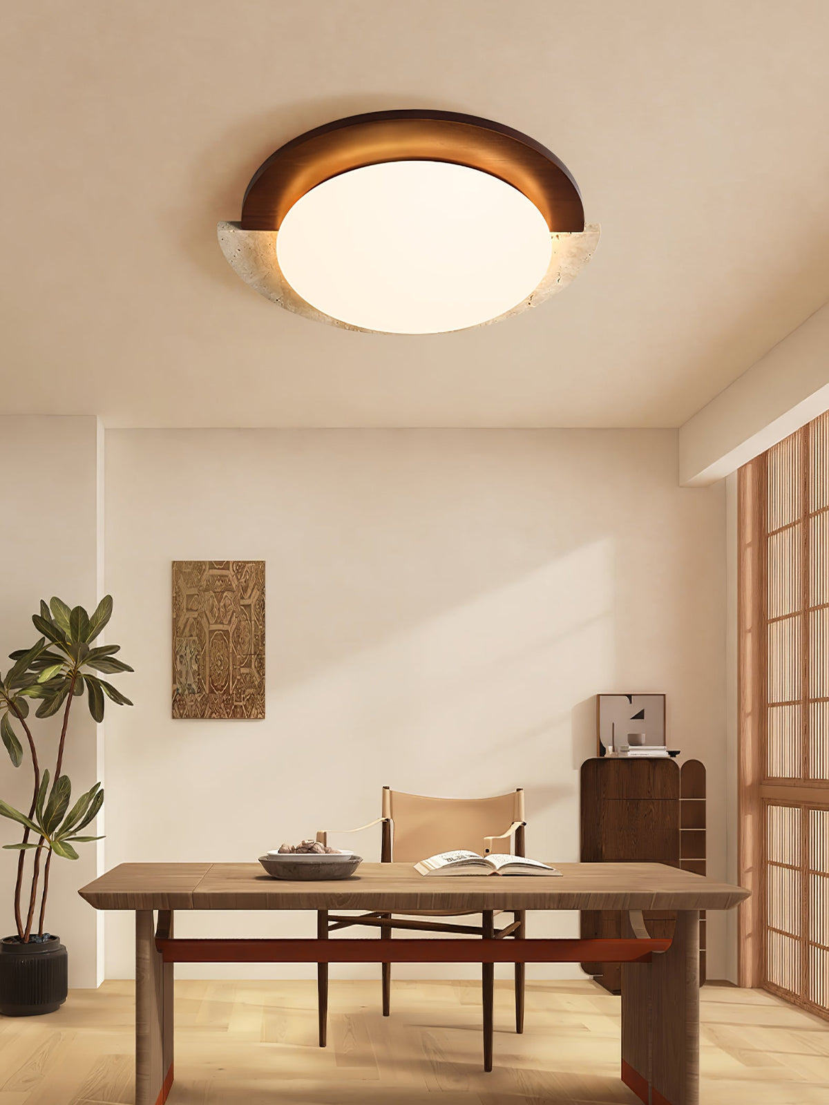 Eclipse Halo Ceiling Lamp in Travertine and Wood – Modern Flush Mount LED Light