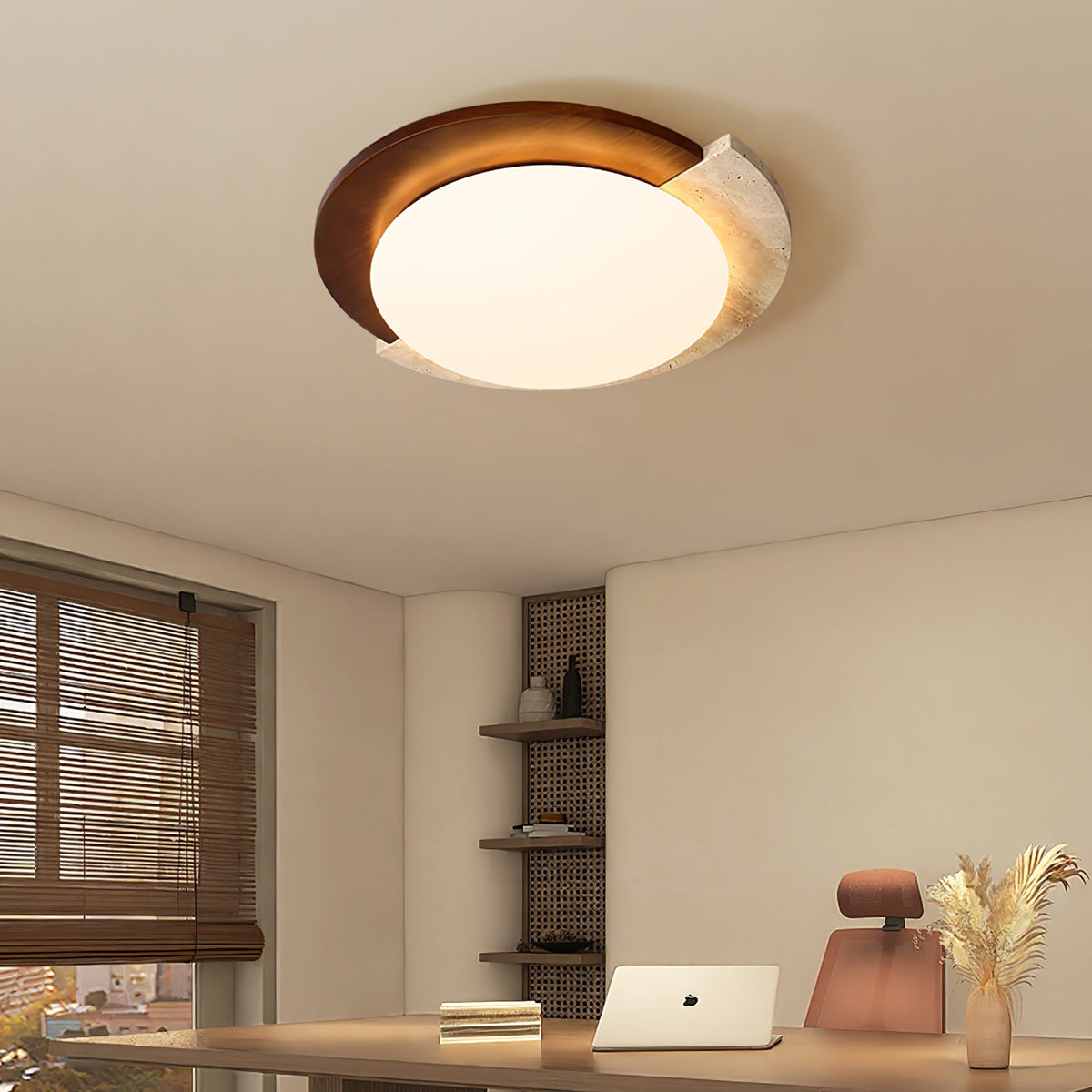 Eclipse Halo Ceiling Lamp in Travertine and Wood – Modern Flush Mount LED Light