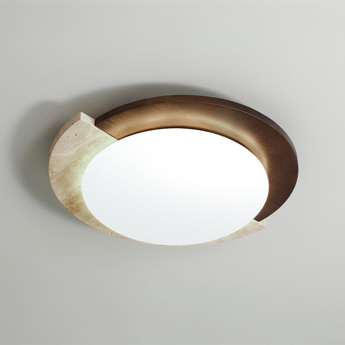 Eclipse Halo Ceiling Lamp in Travertine and Wood – Modern Flush Mount LED Light