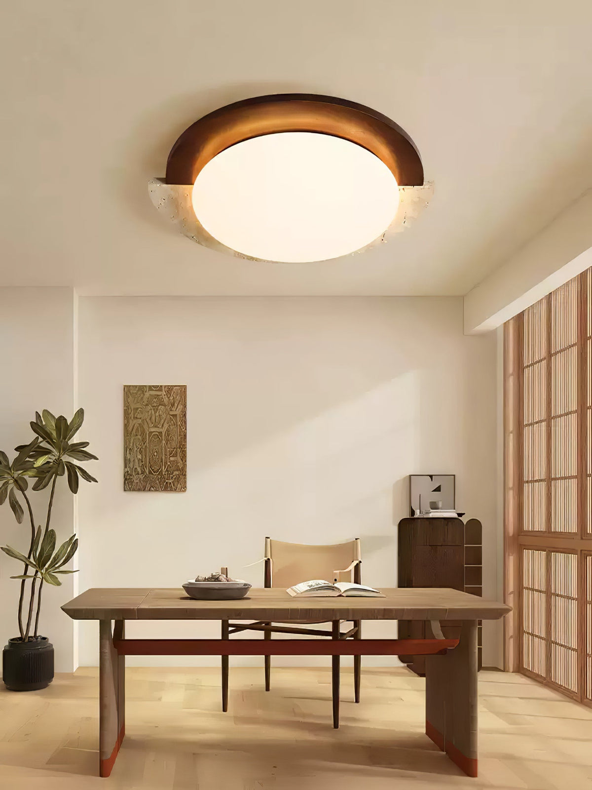 Eclipse Halo Ceiling Lamp in Travertine and Wood – Modern Flush Mount LED Light