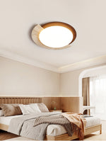 Eclipse Halo Ceiling Lamp in Travertine and Wood – Modern Flush Mount LED Light
