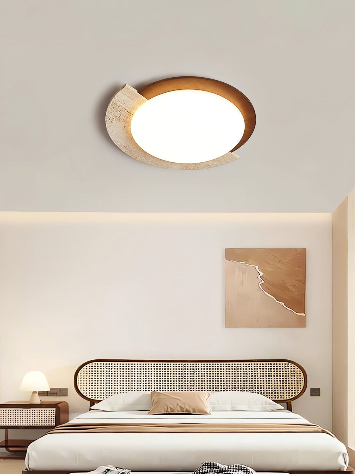 Eclipse Halo Ceiling Lamp in Travertine and Wood – Modern Flush Mount LED Light