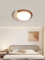 Eclipse Halo Ceiling Lamp in Travertine and Wood – Modern Flush Mount LED Light