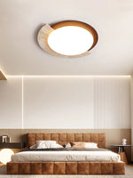 Eclipse Halo Ceiling Lamp in Travertine and Wood – Modern Flush Mount LED Light
