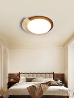 Eclipse Halo Ceiling Lamp in Travertine and Wood – Modern Flush Mount LED Light
