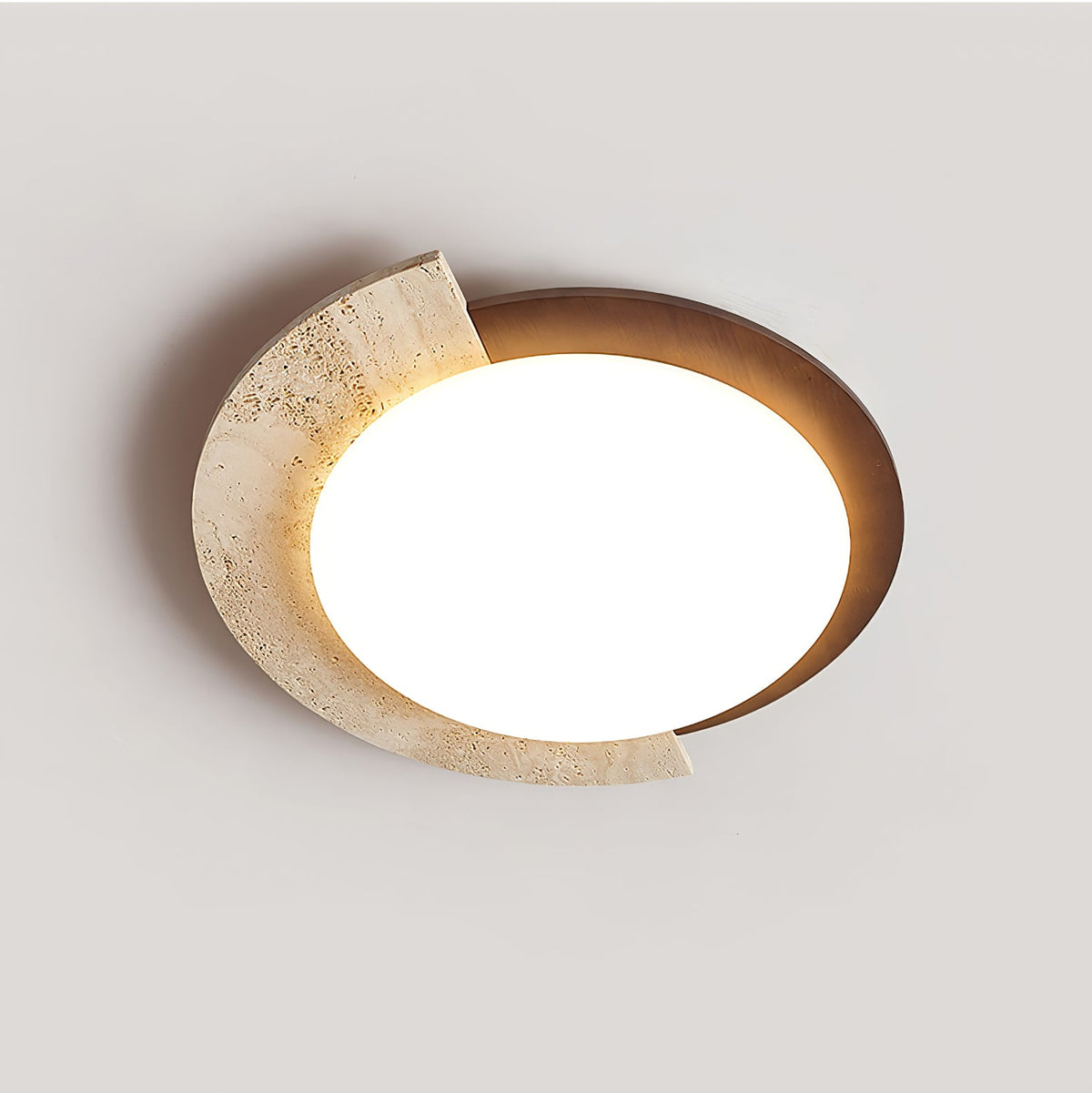Eclipse Halo Ceiling Lamp in Travertine and Wood – Modern Flush Mount LED Light