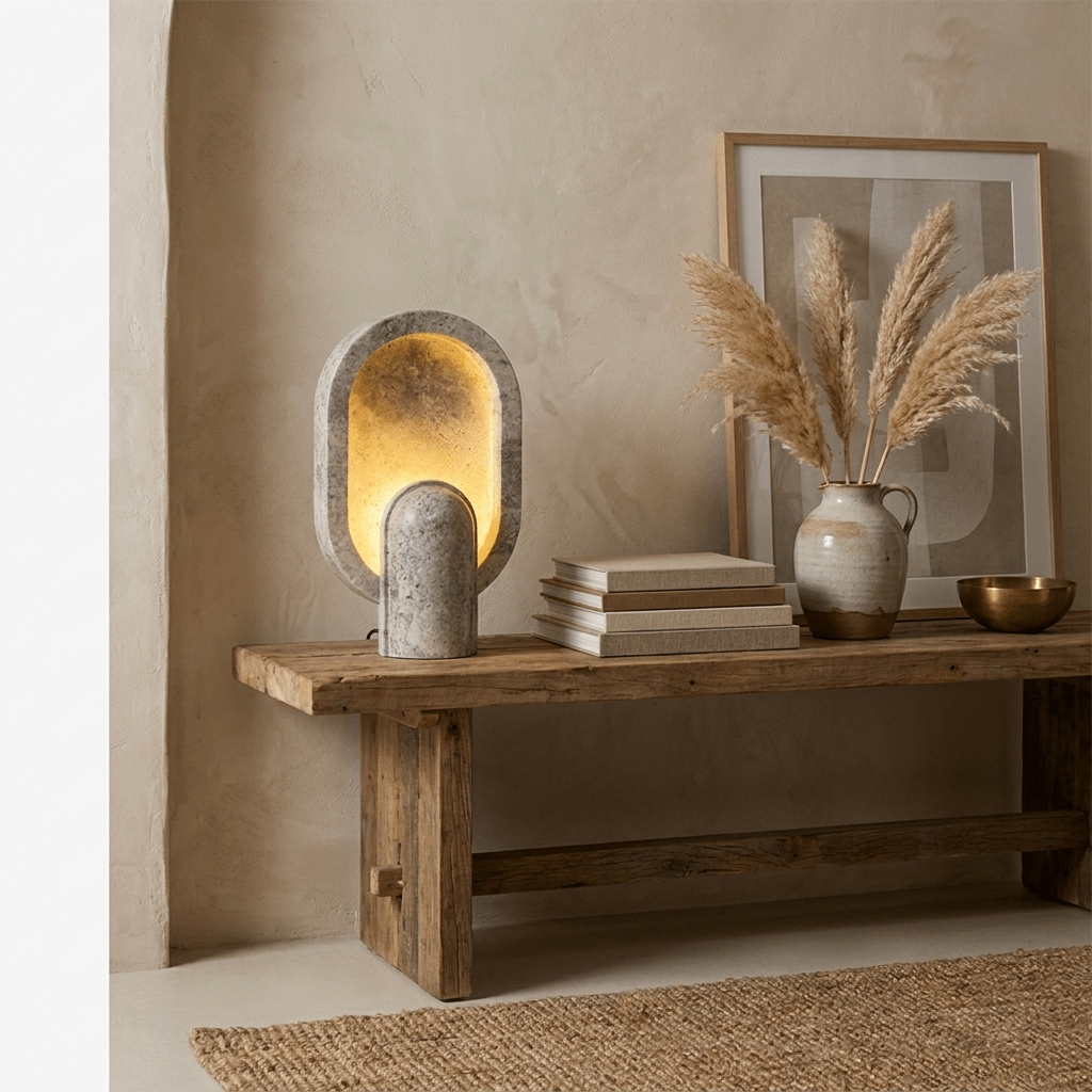 Eclipse Travertine Table Lamp – Sculptural Stone Lighting for Modern Interiors