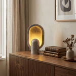 Eclipse Travertine Table Lamp – Sculptural Stone Lighting for Modern Interiors
