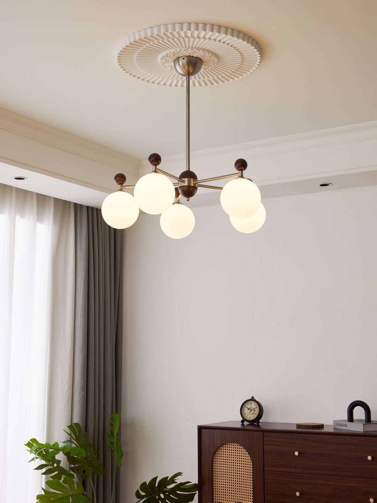 Ecliptica Modern Glass Chandelier with Walnut Accents for Dining Room and Living Room