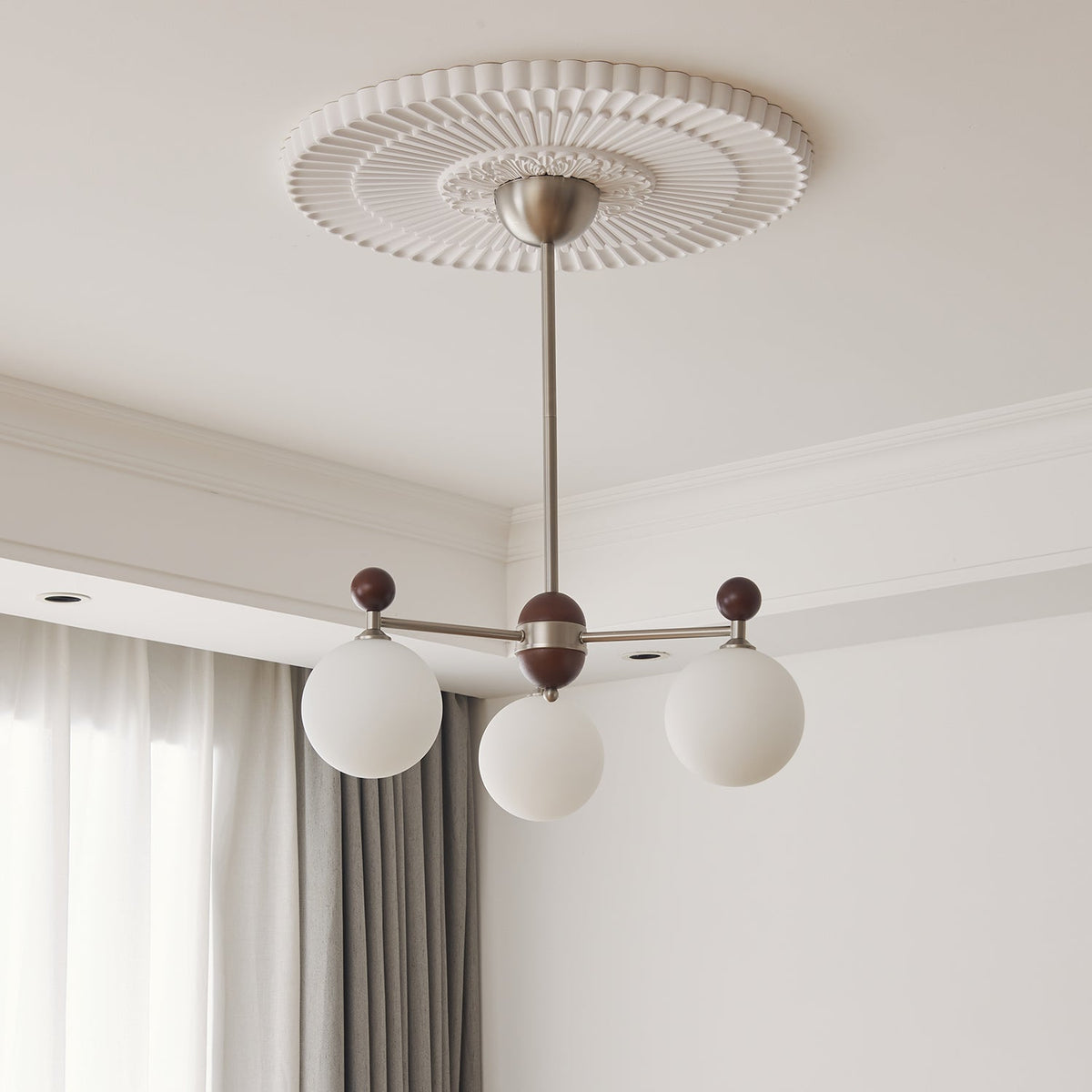 Ecliptica Modern Glass Chandelier with Walnut Accents for Dining Room and Living Room