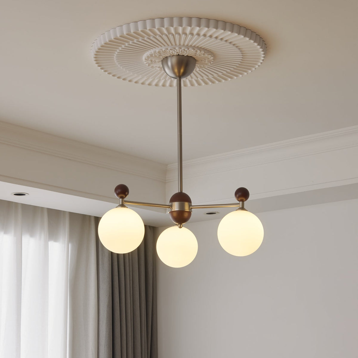 Ecliptica Modern Glass Chandelier with Walnut Accents for Dining Room and Living Room