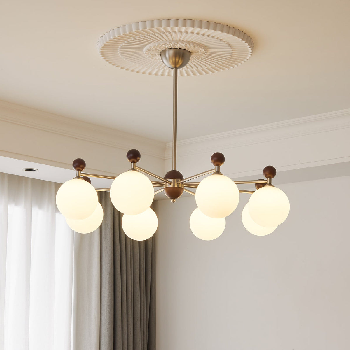 Ecliptica Modern Glass Chandelier with Walnut Accents for Dining Room and Living Room