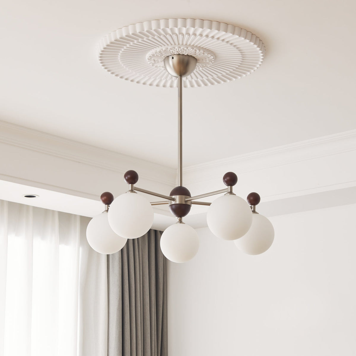 Ecliptica Modern Glass Chandelier with Walnut Accents for Dining Room and Living Room