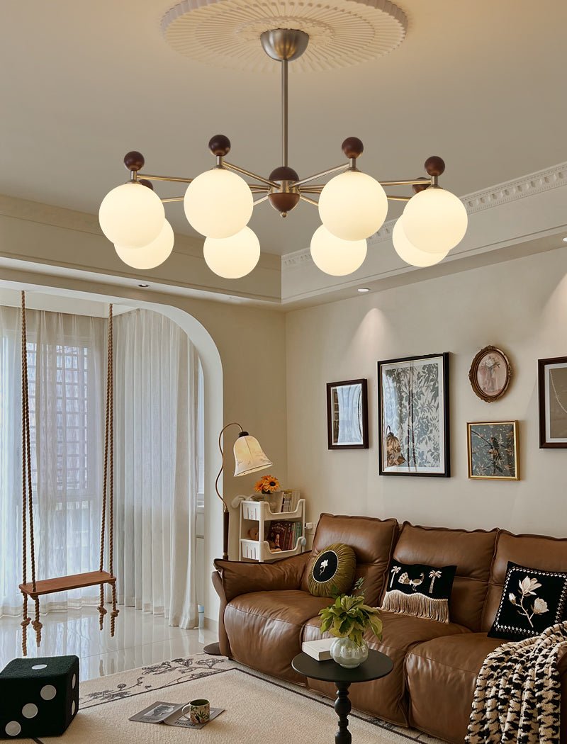 Ecliptica Modern Glass Chandelier with Walnut Accents for Dining Room and Living Room