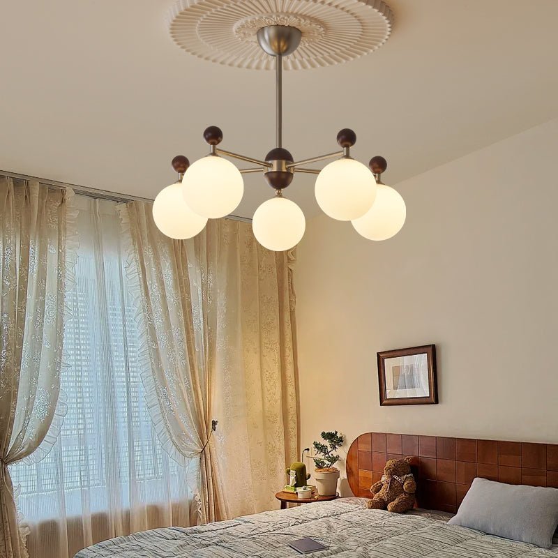 Ecliptica Modern Glass Chandelier with Walnut Accents for Dining Room and Living Room
