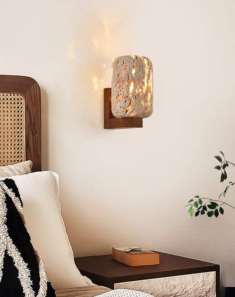 Edenstone Travertine Wall Sconce with Walnut Wood Accent