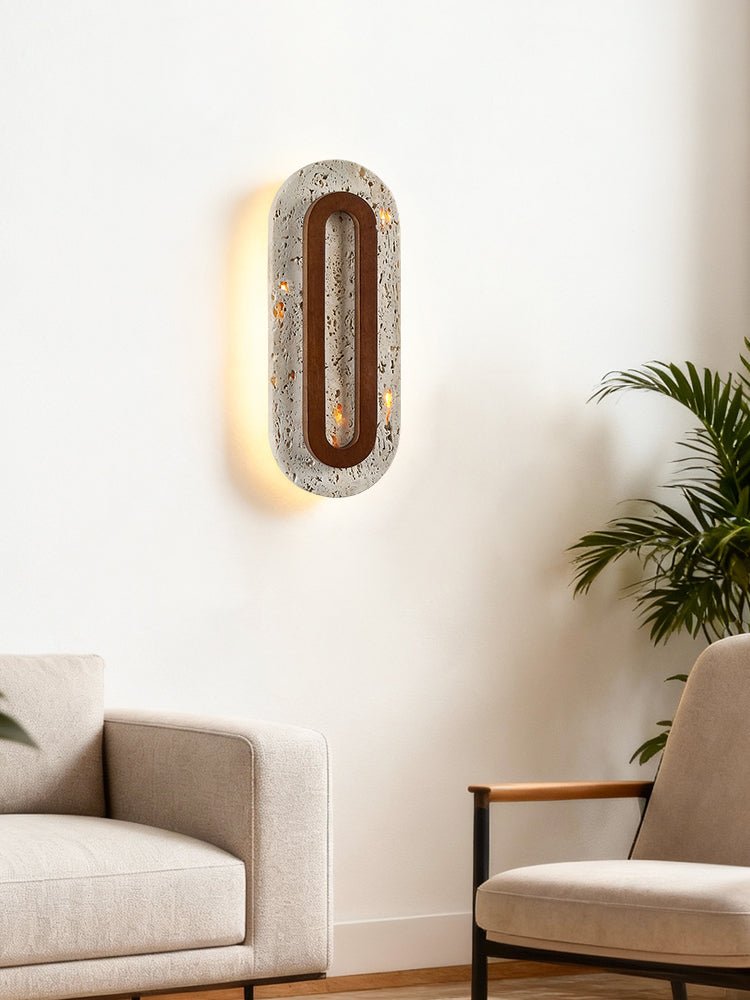 Edrin Travertine LED Wall Sconce with Walnut Accent – Modern Sculptural Lighting