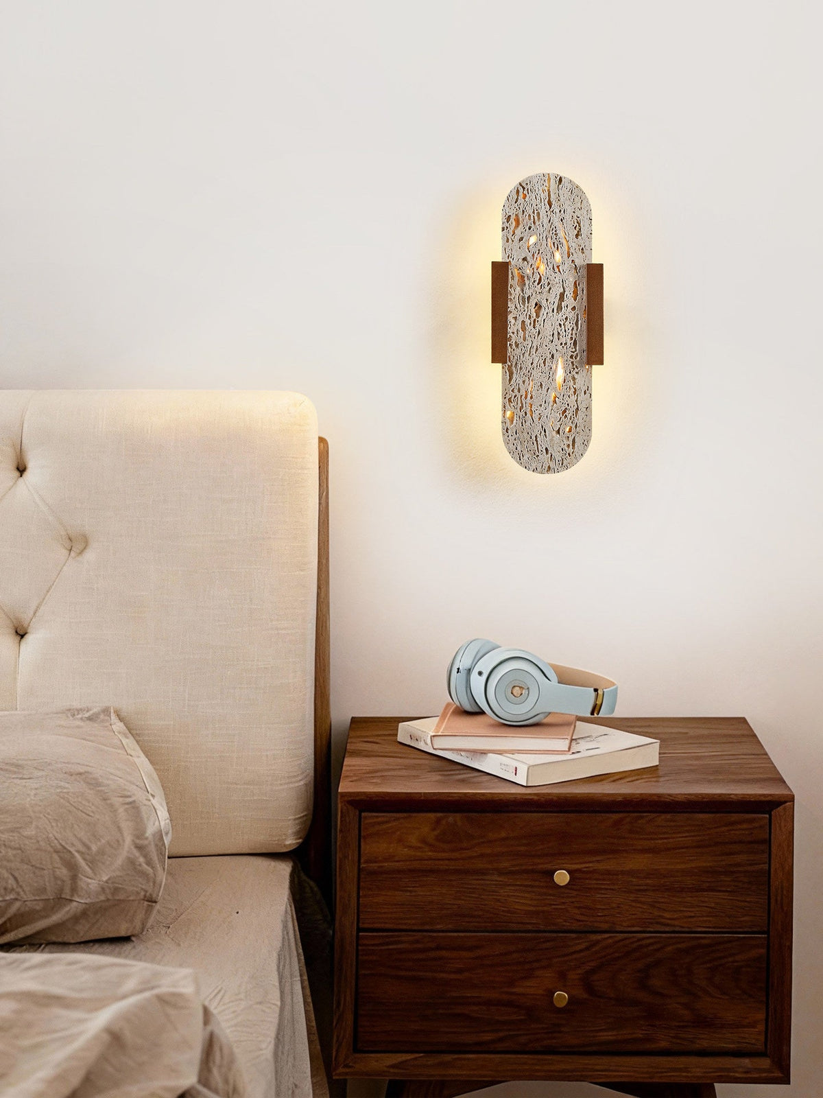 Elara Travertine Wall Sconce with Walnut Accents – Modern LED Wall Light