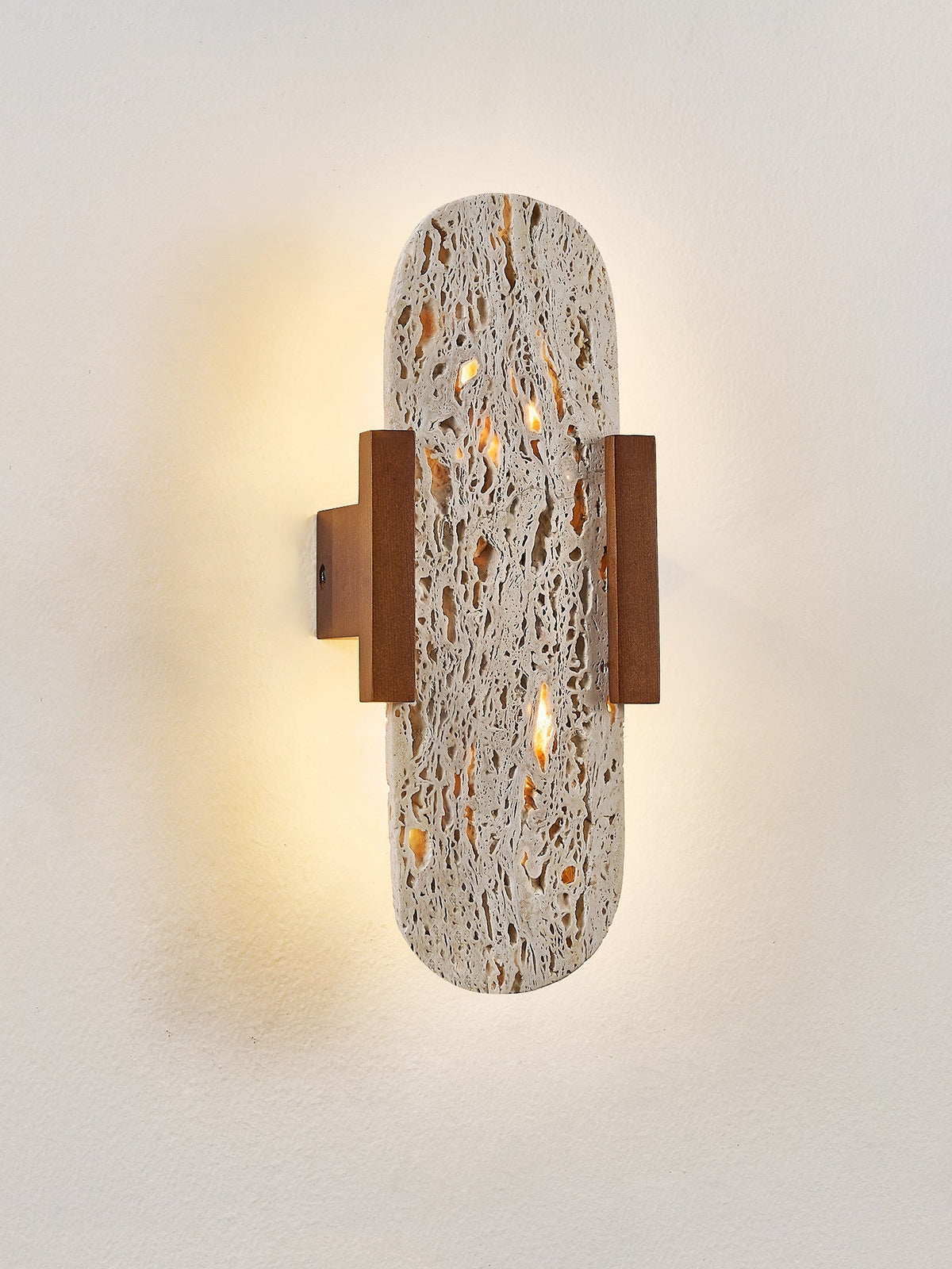 Elara Travertine Wall Sconce with Walnut Accents – Modern LED Wall Light