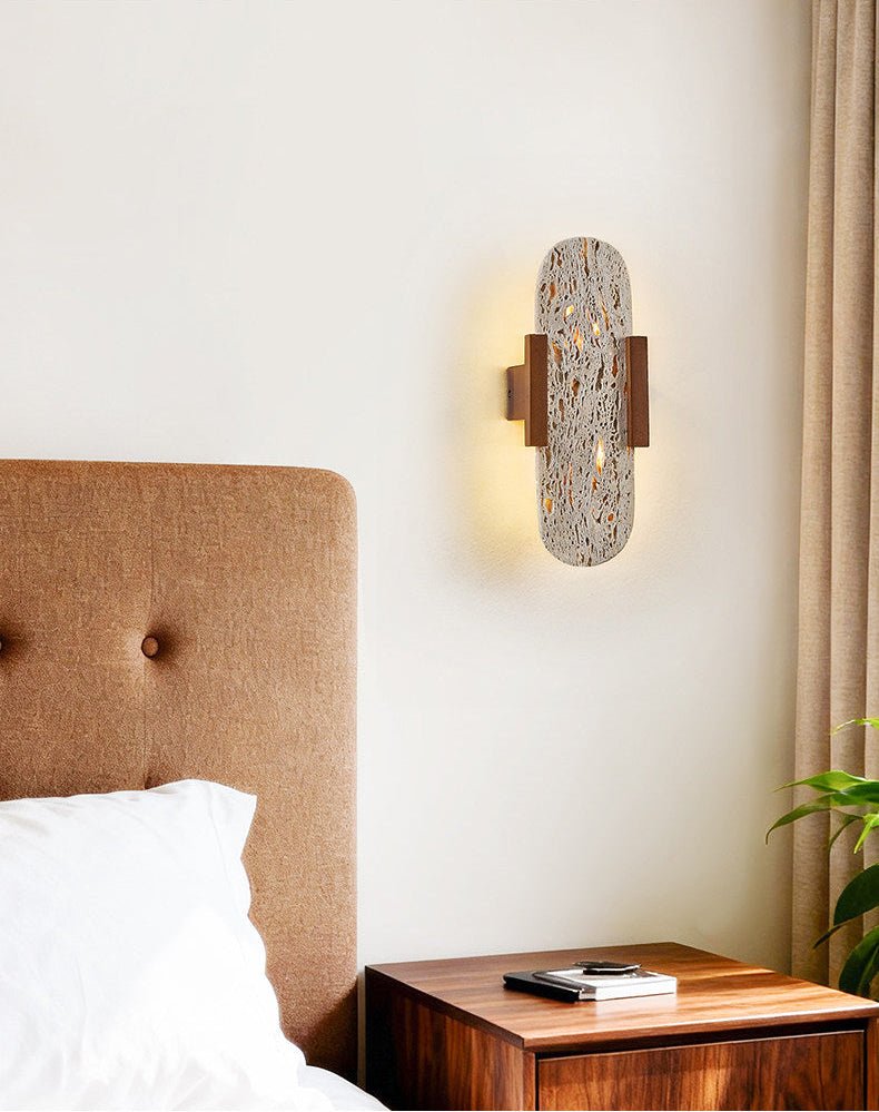 Elara Travertine Wall Sconce with Walnut Accents – Modern LED Wall Light