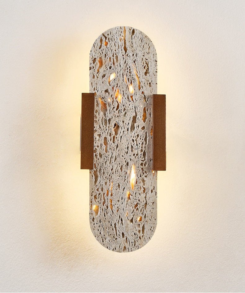 Elara Travertine Wall Sconce with Walnut Accents – Modern LED Wall Light