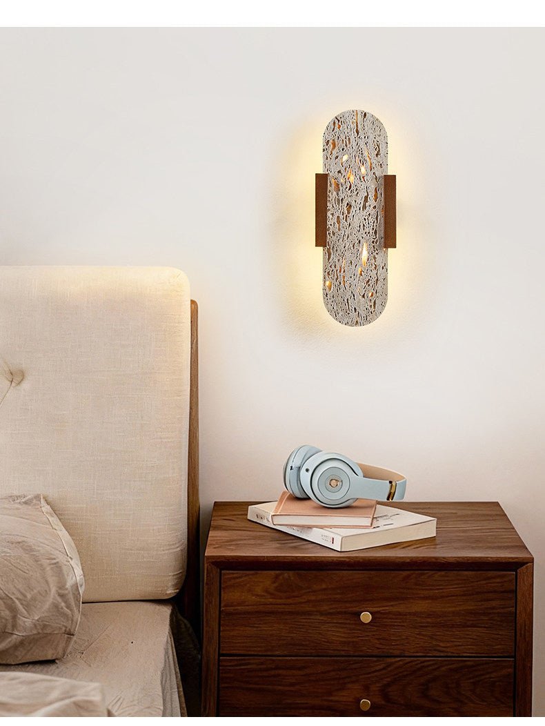 Elara Travertine Wall Sconce with Walnut Accents – Modern LED Wall Light