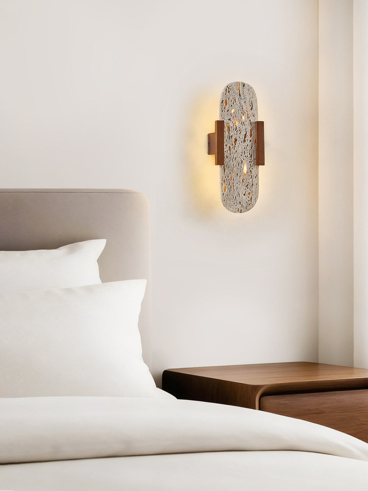 Elara Travertine Wall Sconce with Walnut Accents – Modern LED Wall Light